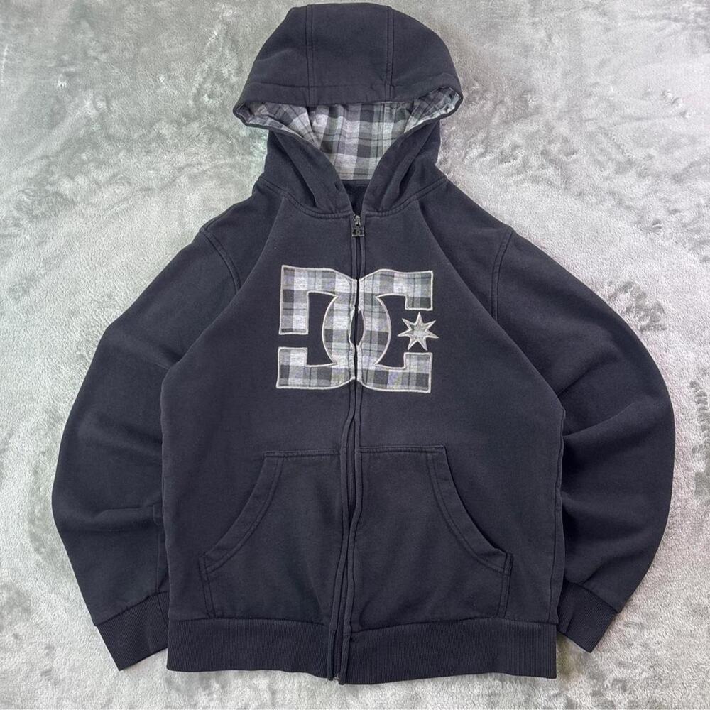 DC Shoes Big Logo Hoodie Womens Small Black Plaid Full Zip Skate Y2K